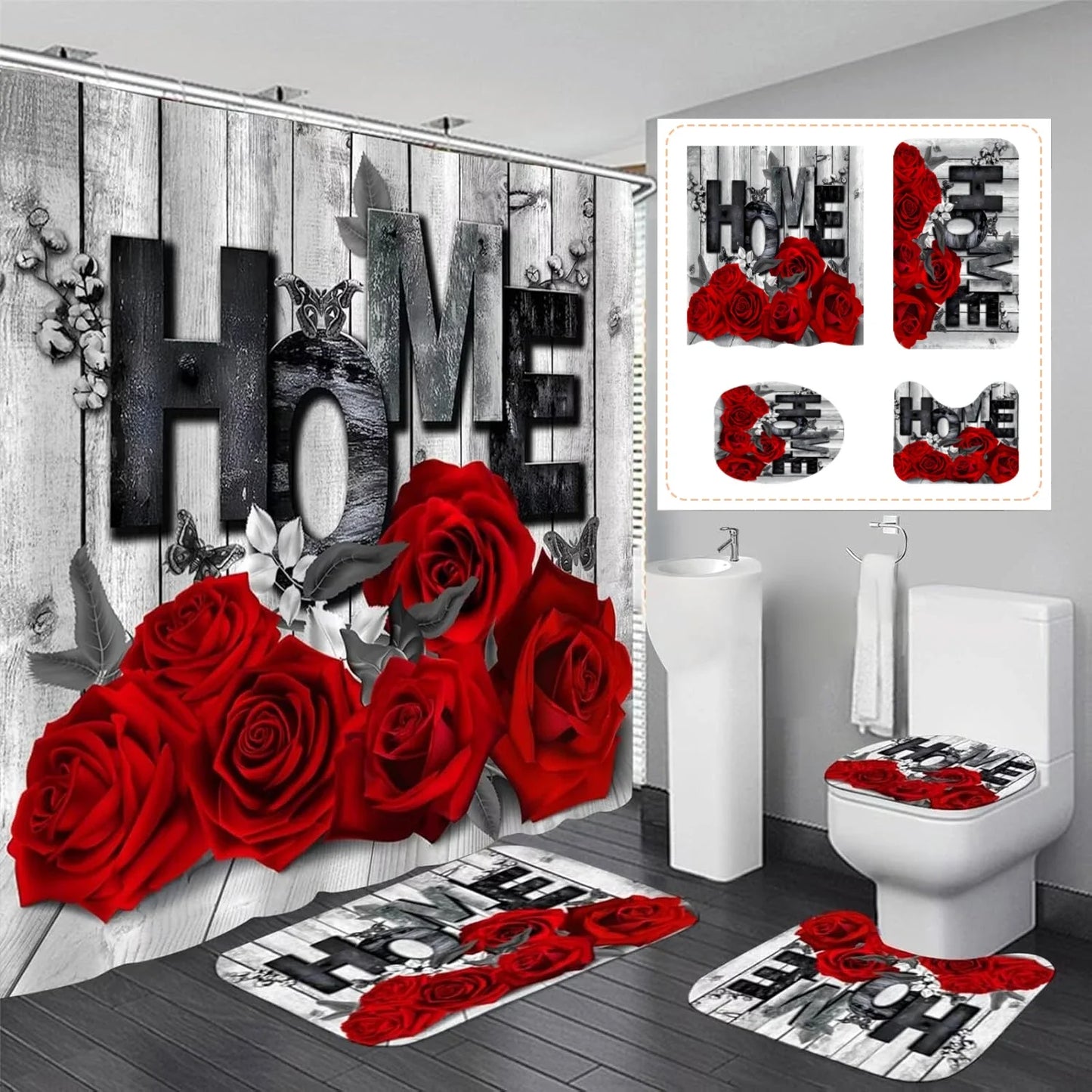 4pcs Set Doormat Shower Curtain with Non-Slip Rugs Toilet Seat Cover Bath Carpet Durable Waterproof Bathroom Home Entrance Decor Peaceful Pleasures Health and Wellness M