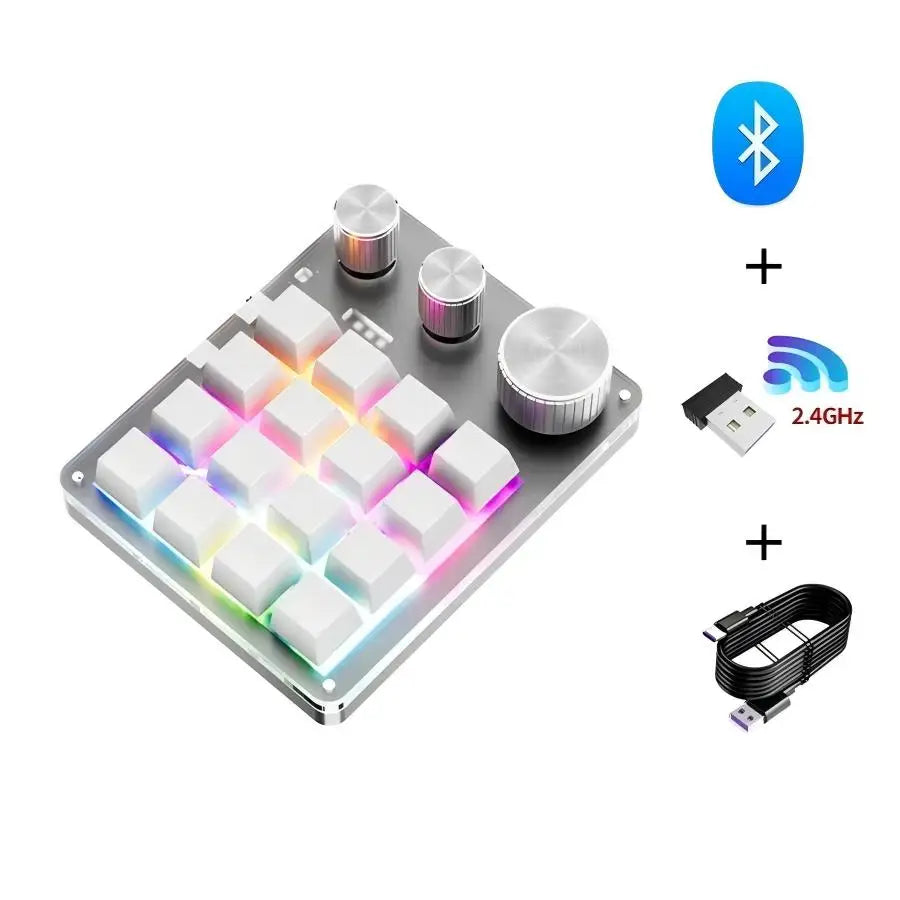 16 Keys 3 Knobs Mechanical Gaming Keyboard USB Wired Bluetooth/ Wireless Programming Macro Mini Keyboard Custom Hot-swap Keypad Peaceful Pleasures Health and Wellness Wireless 3mode White