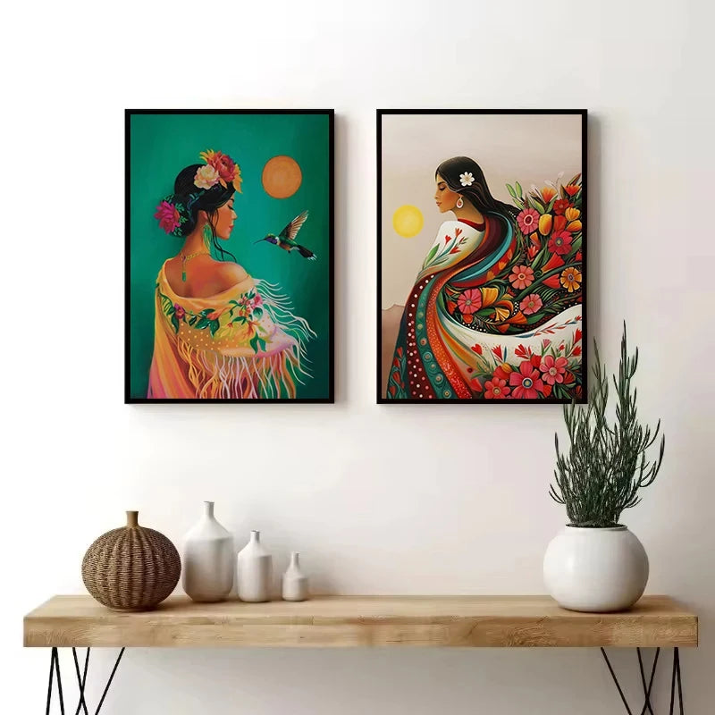 Boho Latina Hummingbird Mexico Folk Art Canvas Wall Print Canvas Wall Print Peaceful Pleasures Health and Wellness