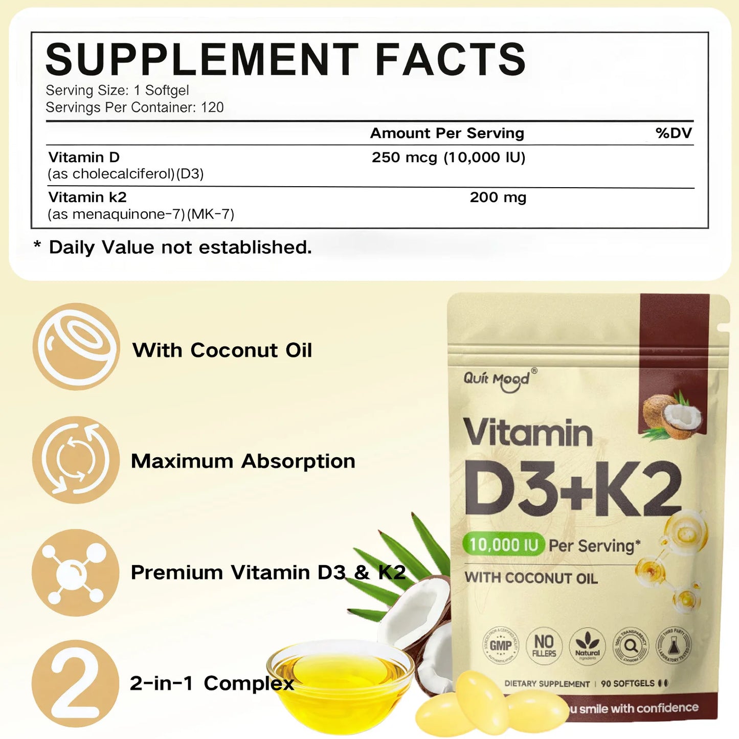 Vitamin D3 + K2 Softgels – Calcium Absorption, Bone & Heart Health | Daily Supplement Peaceful Pleasures Health and Wellness