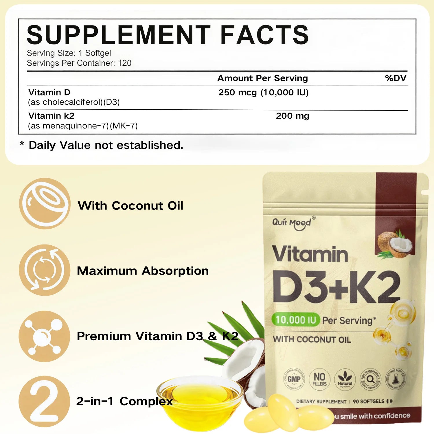 Vitamin D3K2，assists calcium absorption, trace ingredient vitamin supplement soft capsule Peaceful Pleasures Health and Wellness