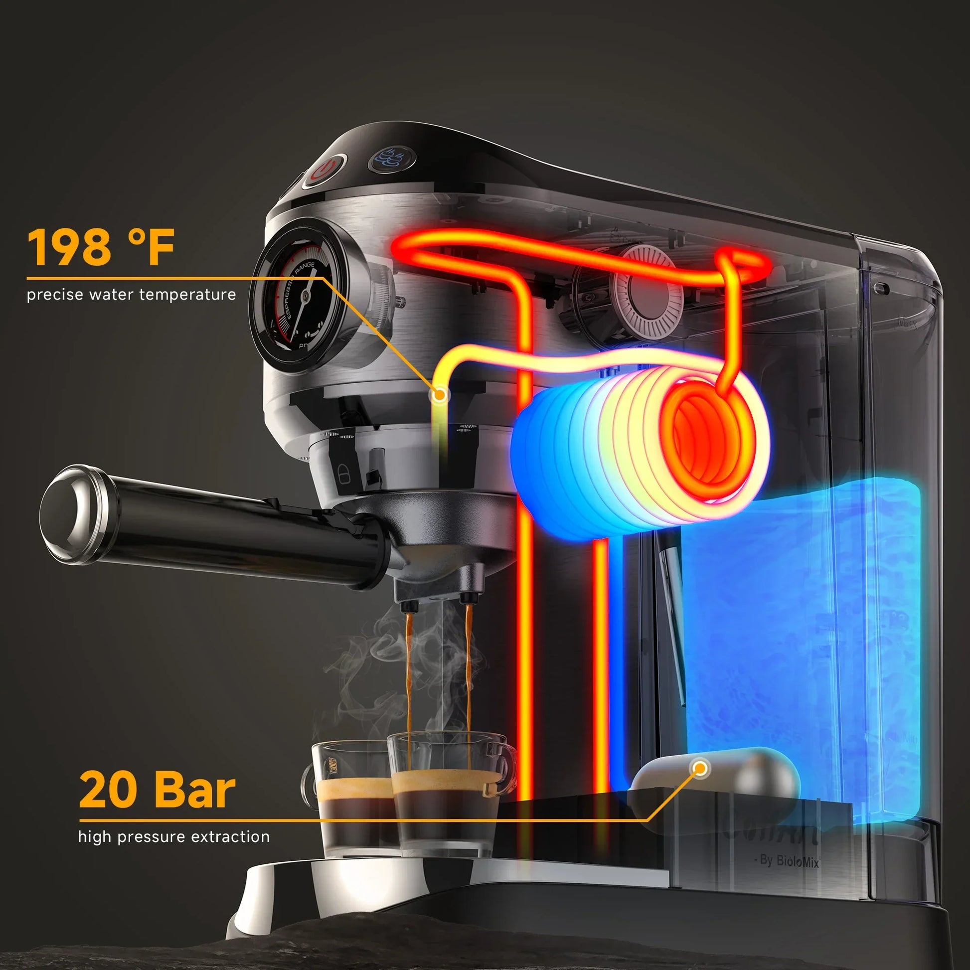 BioloMix 20 Bar Semi-Auto Espresso Machine with Steam Frother – 1350W Coffee Machine Peaceful Pleasures Health and Wellness