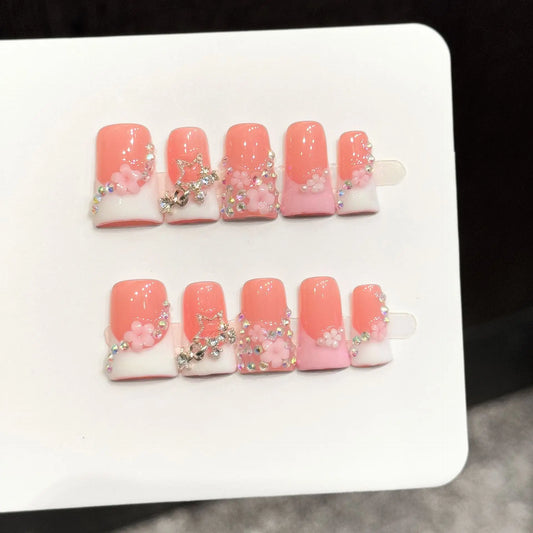 French Duckbill Press On Nails 3D Floral Rhinestone | 10pcs Press On Nails Peaceful Pleasures Health and Wellness