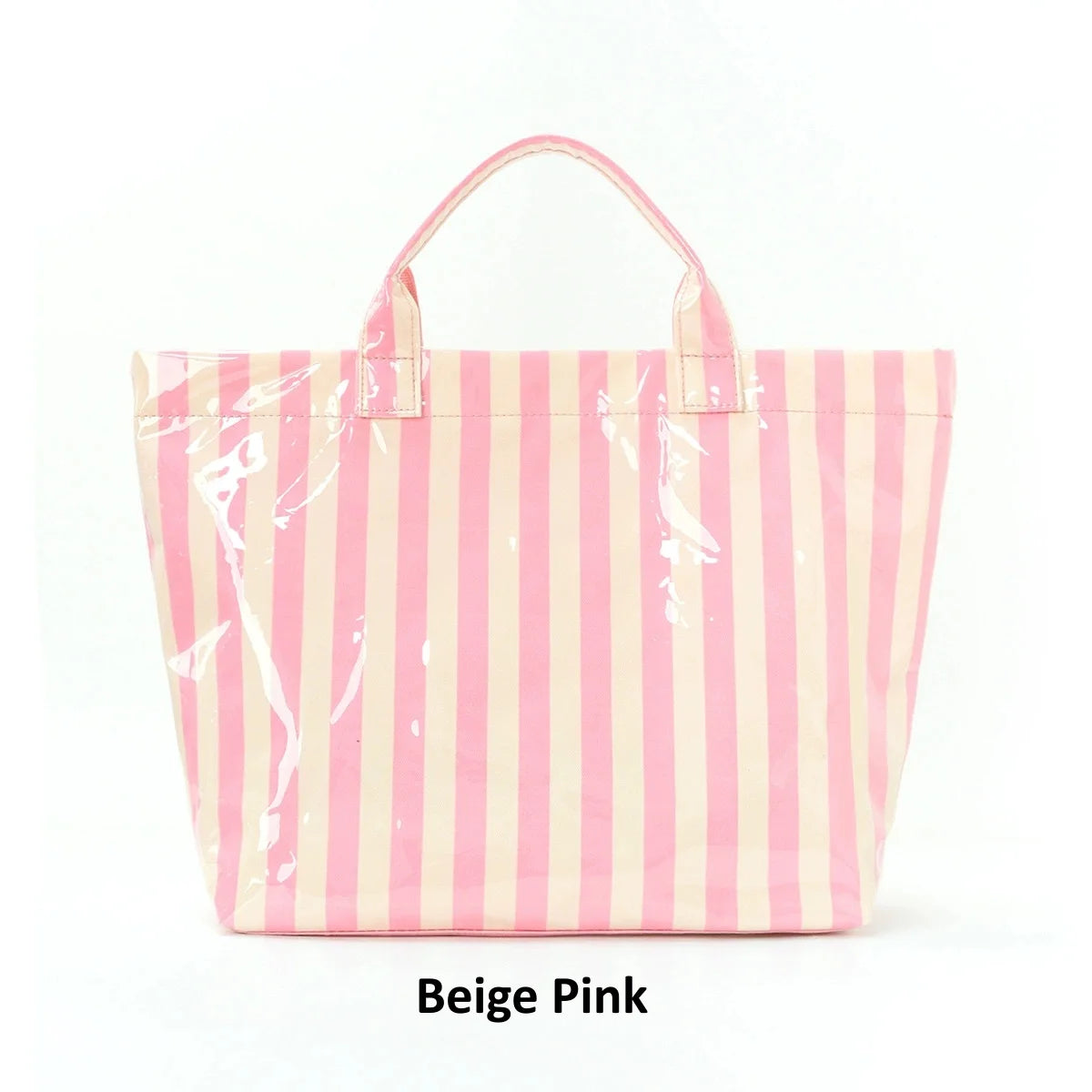 Large Striped PVC Tote Bag – Waterproof Glossy Handbag PVC Tote Bag Peaceful Pleasures Health and Wellness Beige Pink