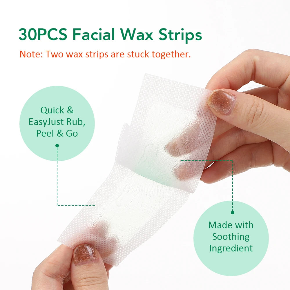 Facial Depilatory Wax Strips 30Pcs Facial Wax Strips+8 Calming Oil Wipes Hypoallergenic Eyebrow Upper Lip Hair Removal Wax Paper Peaceful Pleasures Health and Wellness