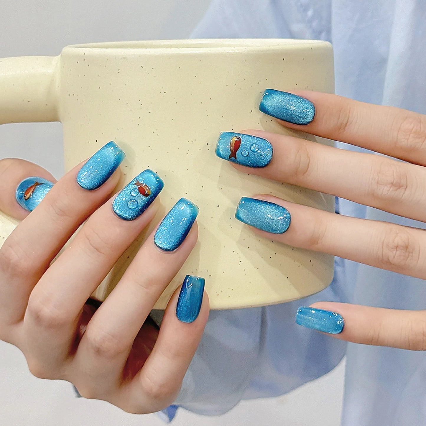 Handmade Press On Nails Goldfish Glitter Blue Cat Eye Ballet 10pc