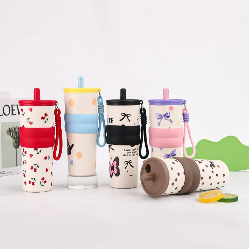 2026 Hot 710ML Printed Bow Vacuum Cup Insulation Or Cooling Stainless Steel Cup With Lifting Rope High-Capacity Insulated Cup Peaceful Pleasures Health and Wellness