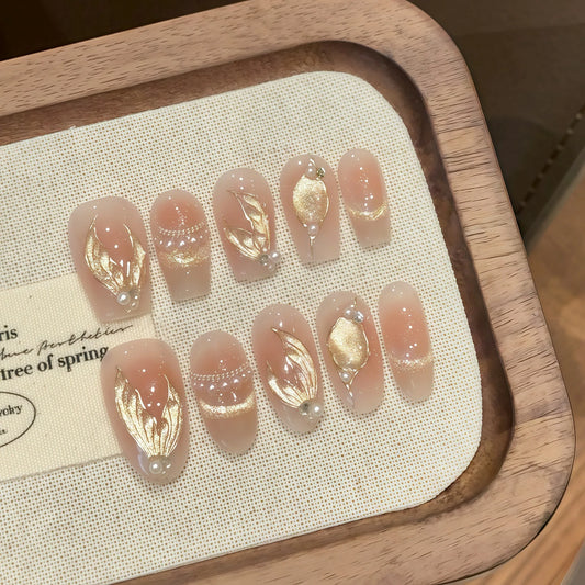 Handmade Press on Nails Dreamy Mermaid Tail Cat Eye Pearl Decor False Nails Full Cover French Cat Eye Shiny Korean Fake Nails Peaceful Pleasures Health and Wellness