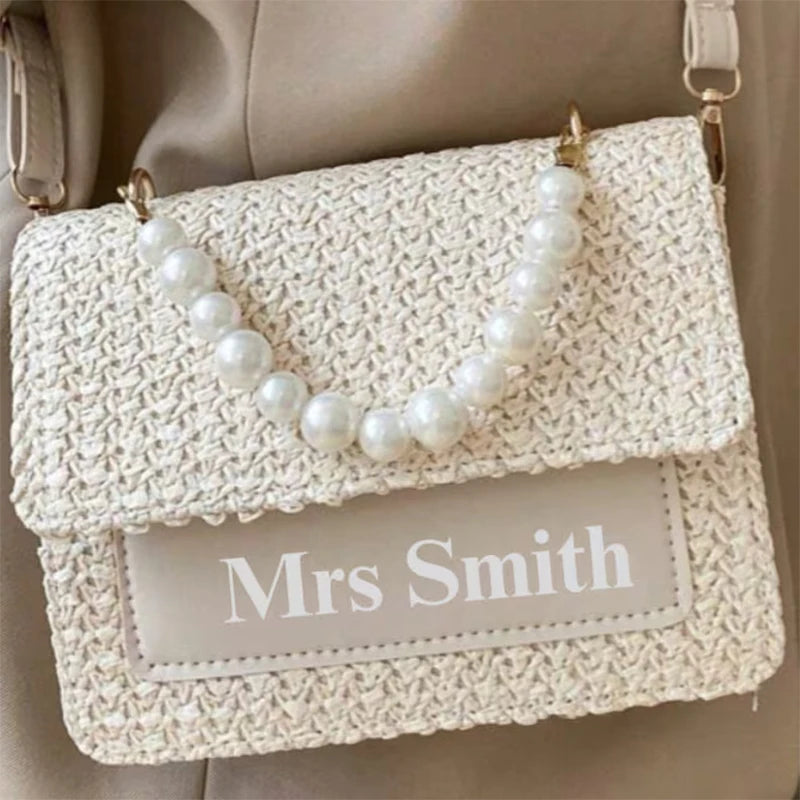 Personalised MRS Pearl Woven Straw Bag | Hen Party Bridal Gift