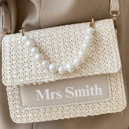 Personalised MRS Pearl Woven Straw Bag | Hen Party Bridal Gift Personalised Woven Tote Peaceful Pleasures Health and Wellness