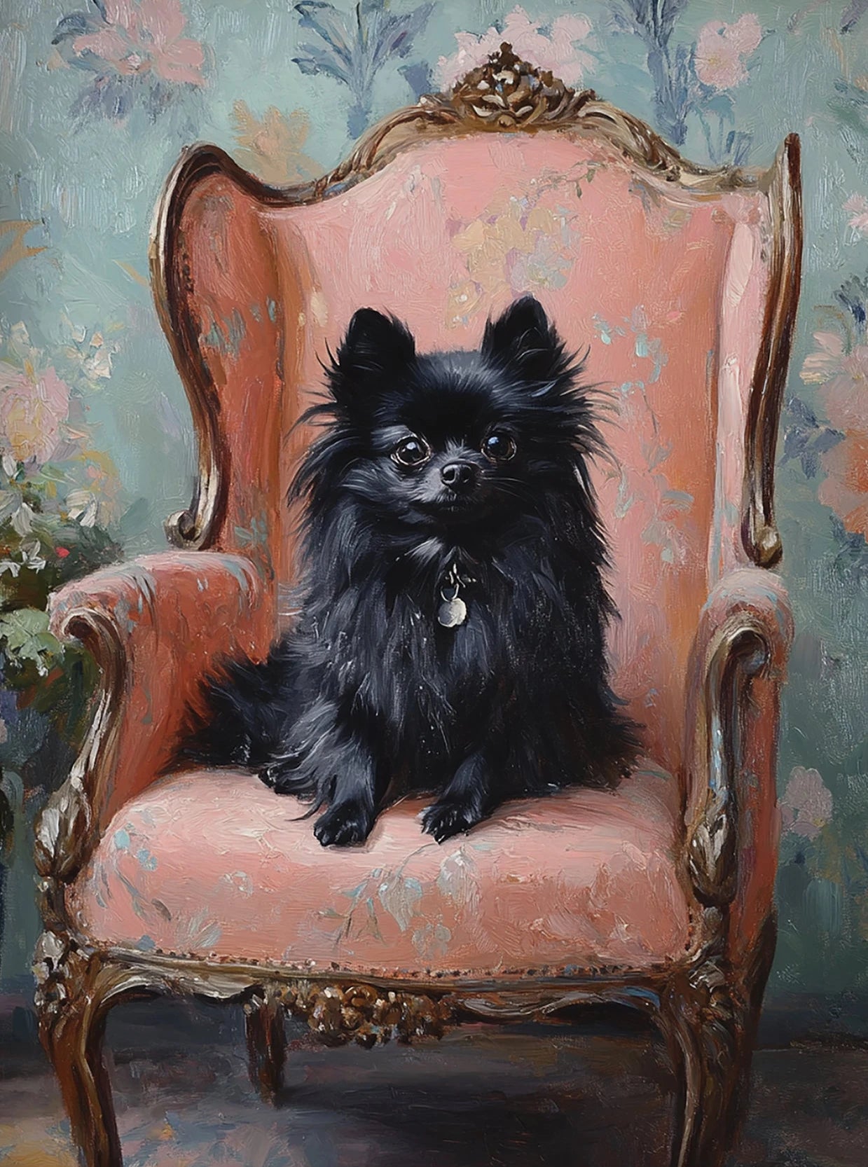 Dog on Stool Retro Canvas Wall Art | Bichon Frise Pomeranian