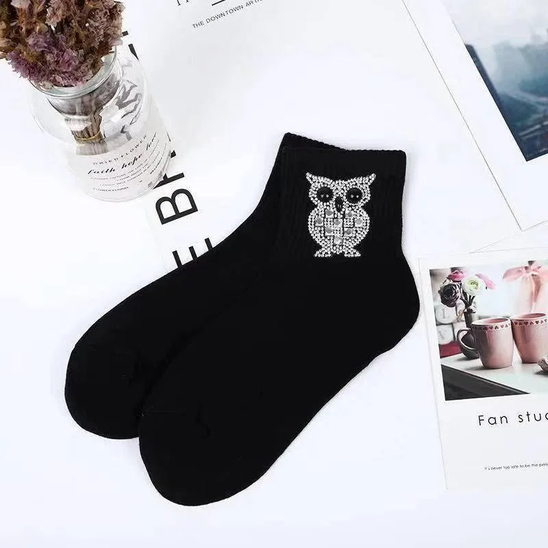 New Rhinestone Decorative Socks, Fashionable Diamond Sparkling Socks, Cute Cartoon Animal Pattern Comfortable Low Cut Socks Peaceful Pleasures Health and Wellness Dark Grey 36-42
