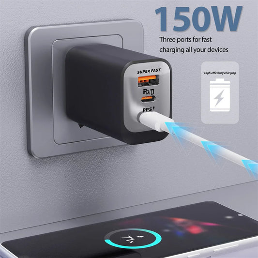 150W 3-Port USB-C Fast Charger QC3.0 PD3.0 | EU UK US Plug USB-C Wall Charger Peaceful Pleasures Health and Wellness
