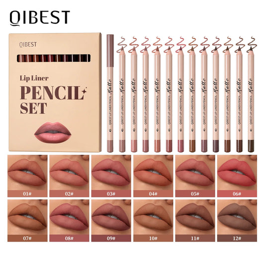 QIBEST 12-Color Matte Lip Liner Set – Waterproof & Long-Lasting Matte Lip Liner Set Oasis Select Lipliner Kits