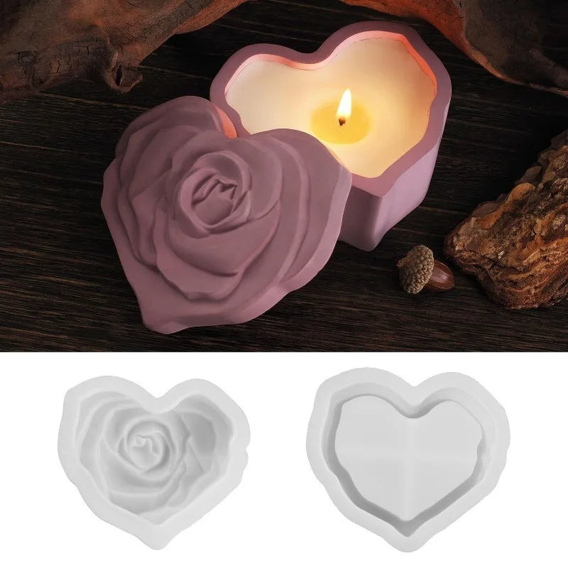 Heart Shape Rose Storage Box Silicone Mold Lid DIY 3D Carved Candle