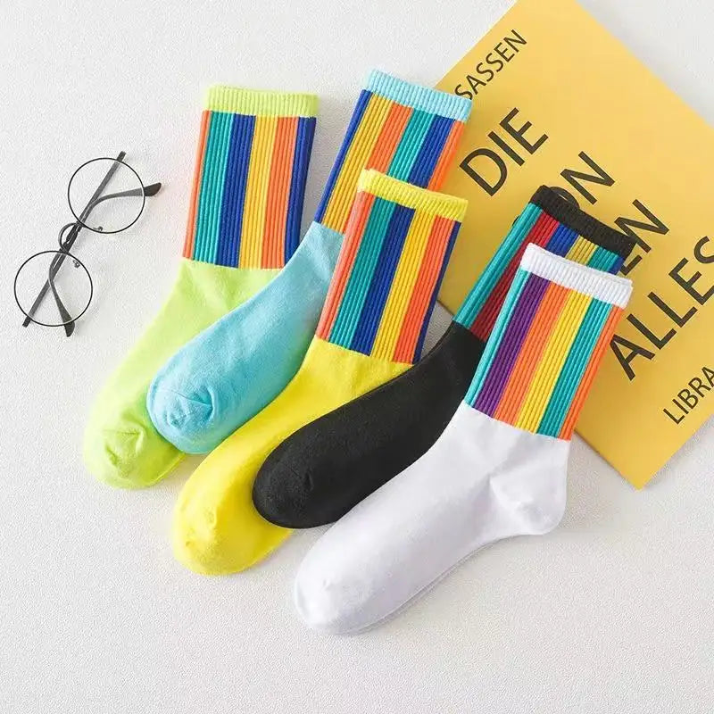 5 Pairs Men's Colorful Striped Casual Socks, Fashionable Sports Socks, Sweat Absorbing And Breathable, Suitable For All Seasons Peaceful Pleasures Health and Wellness 5 Pairs Mix 2 One Size