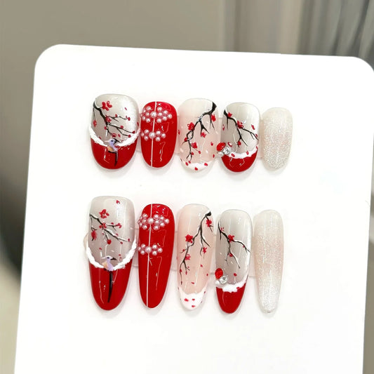 10pcs Handmade Press on Nails Chinese Style Hand-painted Plum Cat's Eye Fake Nails Wearable Antique False Nails Red French Tips Peaceful Pleasures Health and Wellness