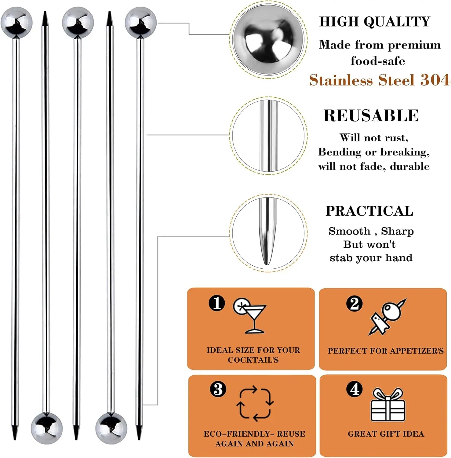 12Pcs Stainless Steel Cocktail Picks Bar Tools Drink Stirring Sticks Drinks Decoration Reusable Fruit Sticks Cocktail Picks Peaceful Pleasures Health and Wellness