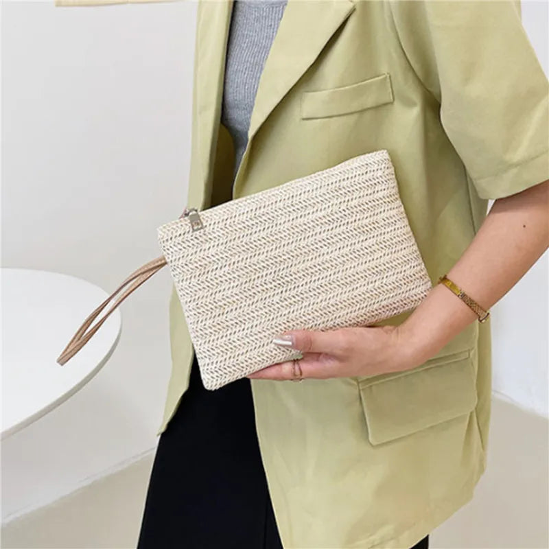 Clutch Bag for Women Handmade Backpack Fashion Ladies Wristlet Girl Phone Solid Straw Woven Coin Purse Beach Wallet Fresh Sweet Peaceful Pleasures Health and Wellness white