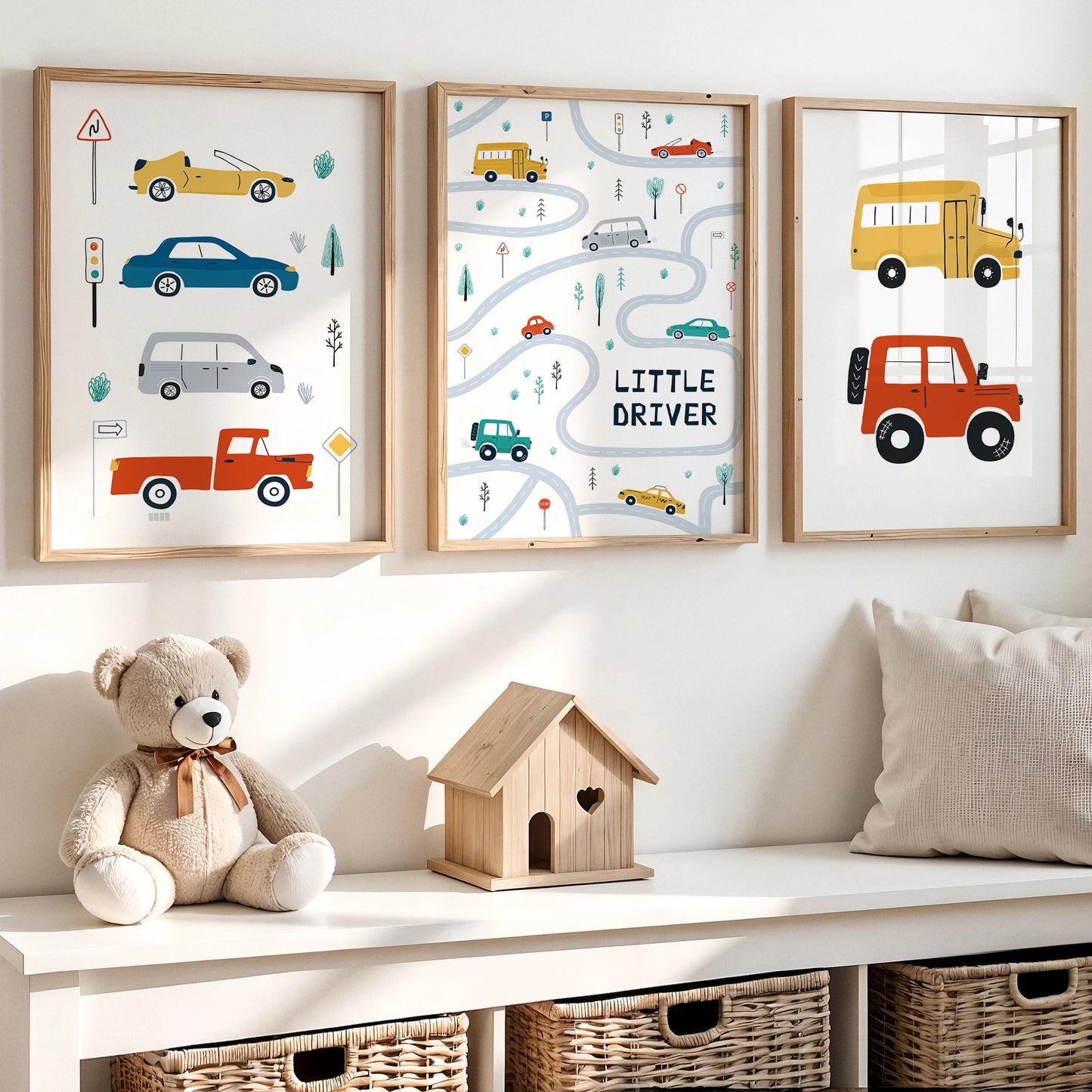 Cartoon Trucks & Cars Canvas Wall Art | Kids Room Decor