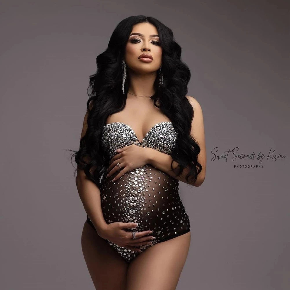Maternity Photography Sexy Goddess V Neck Rhinestones Pearls Luxurious Stretch Jumpsuits Dress For Photo Shoot Props Peaceful Pleasures Health and Wellness
