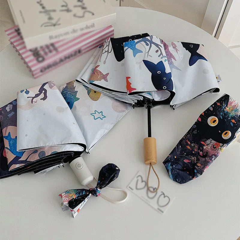 Cute Cat & Fish Folding Umbrella – UV & Rain Protection