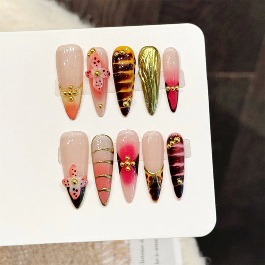 10pcs Handmade Long Pointed Press On Nails Gradient False Nails Gold Bead Decor Wearable Elegant French Y2k Almond Fake Nails Peaceful Pleasures Health and Wellness L 1