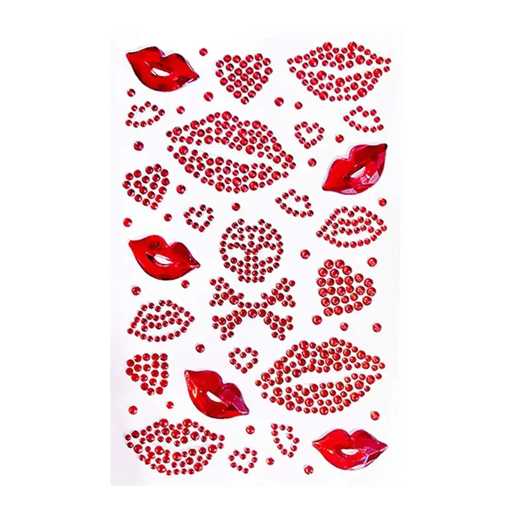 Red Heart & Lips Rhinestone Tattoos Self-Adhesive Glitter Face & Body Makeup Stickers Valentine's Day Face Gems Party Supplies Peaceful Pleasures Health and Wellness A