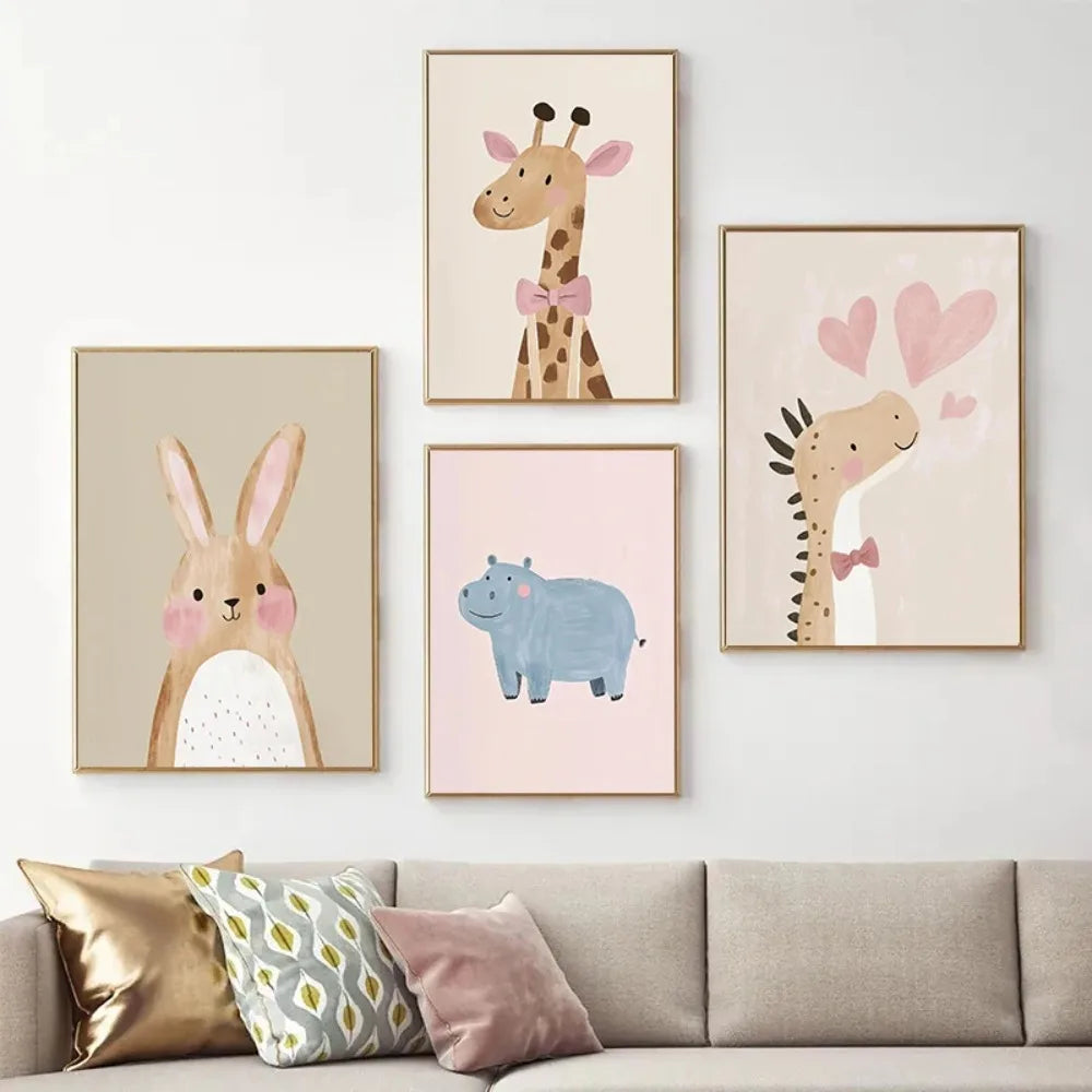 Nordic Pink Fox & Unicorn Canvas Wall Art | Cute Cartoon Print