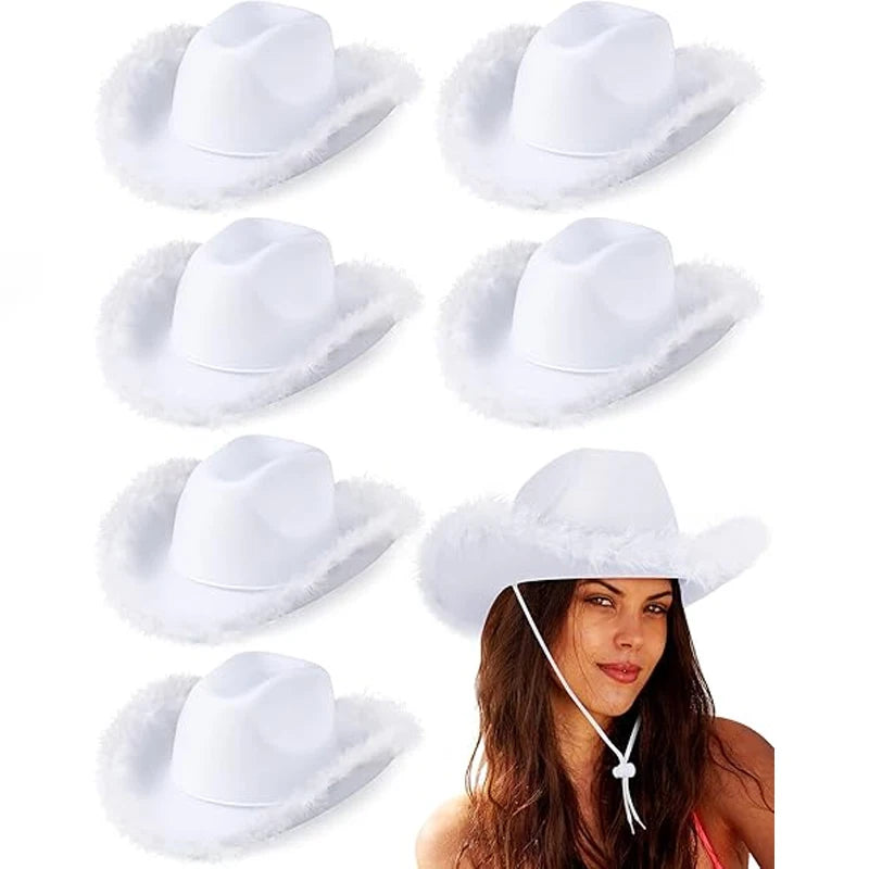 6-Pack Fluffy Cowgirl Hats – Bachelorette & Bridal Party Set Costume Party Hat Peaceful Pleasures Health and Wellness white 40x30cm