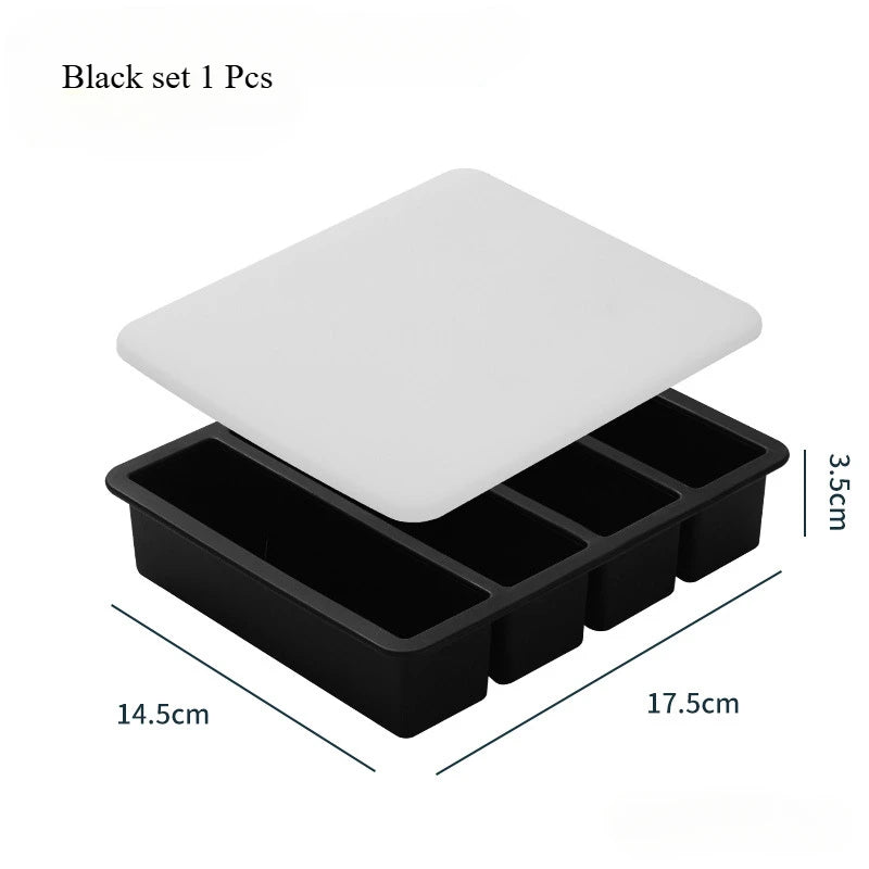 4 Grid Long Strip Square Ice-tray Food Grade Silicone Mold Home Reusable Rectangular Ice Tray Cube Ice Box With Lid or Lidless Peaceful Pleasures Health and Wellness Black set