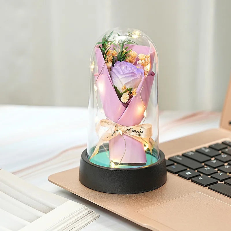 Romantic Gift Everlasting Rose LED Glass Dome Bouquet Romantic Illuminated Ornament Perfect Valentine's Day Christmas Home Decor Peaceful Pleasures Health and Wellness
