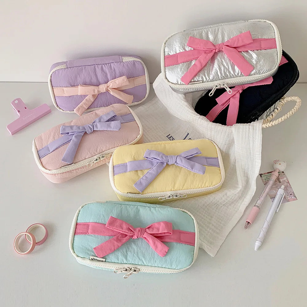 Soft Fabric Pencil Case Student Simple Bow Storage Bag Stationery Bag DIY Journal Desktop Storage Bag Practical Stationery Bags Peaceful Pleasures Health and Wellness