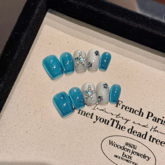 Handmade Press on Nails Ice Clear Blue Cat Eye Fake Nail Tips with Star Rhinestone Wearable Detachable Shiny Short False Nails Peaceful Pleasures Health and Wellness M