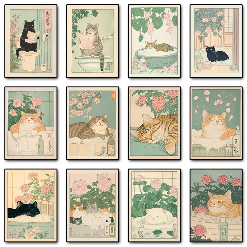 Funny Tabby Cat Bathtub Canvas Print | Japanese Bathroom Wall Art