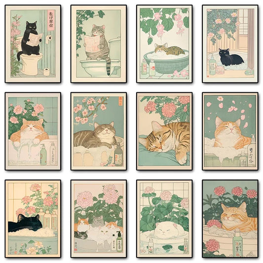 Funny Tabby Cat Bathtub Canvas Print | Japanese Bathroom Wall Art Canvas Wall Print Peaceful Pleasures Health and Wellness