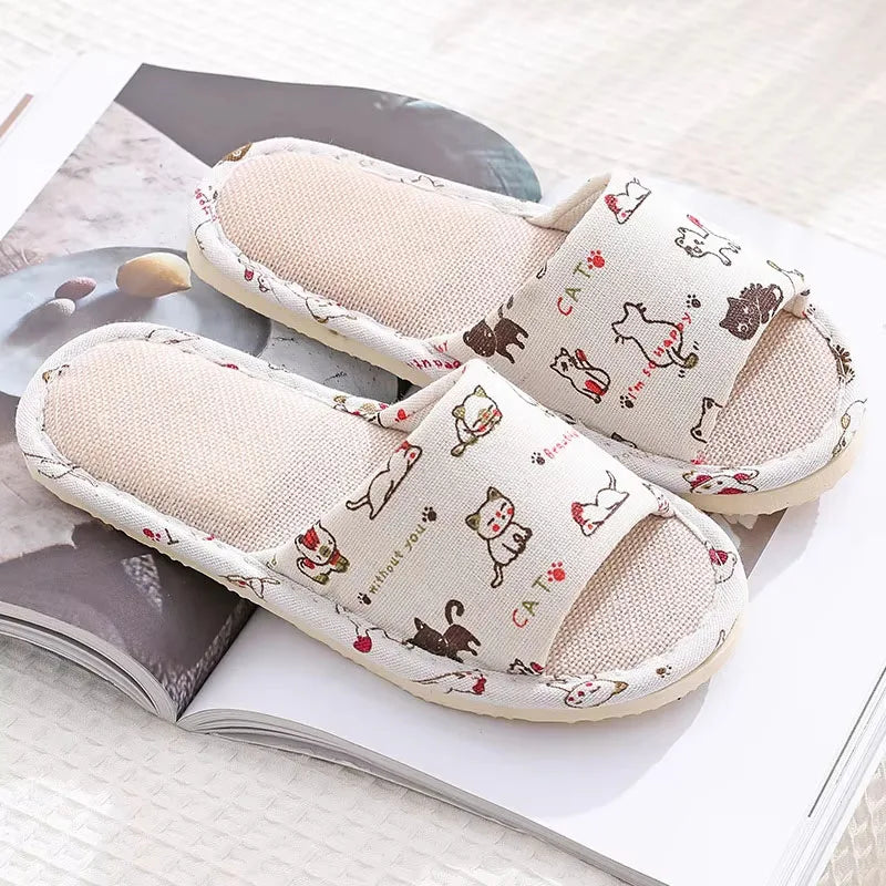 Women's Cartoon Cat Linen Slippers | Non-Slip Indoor Slides