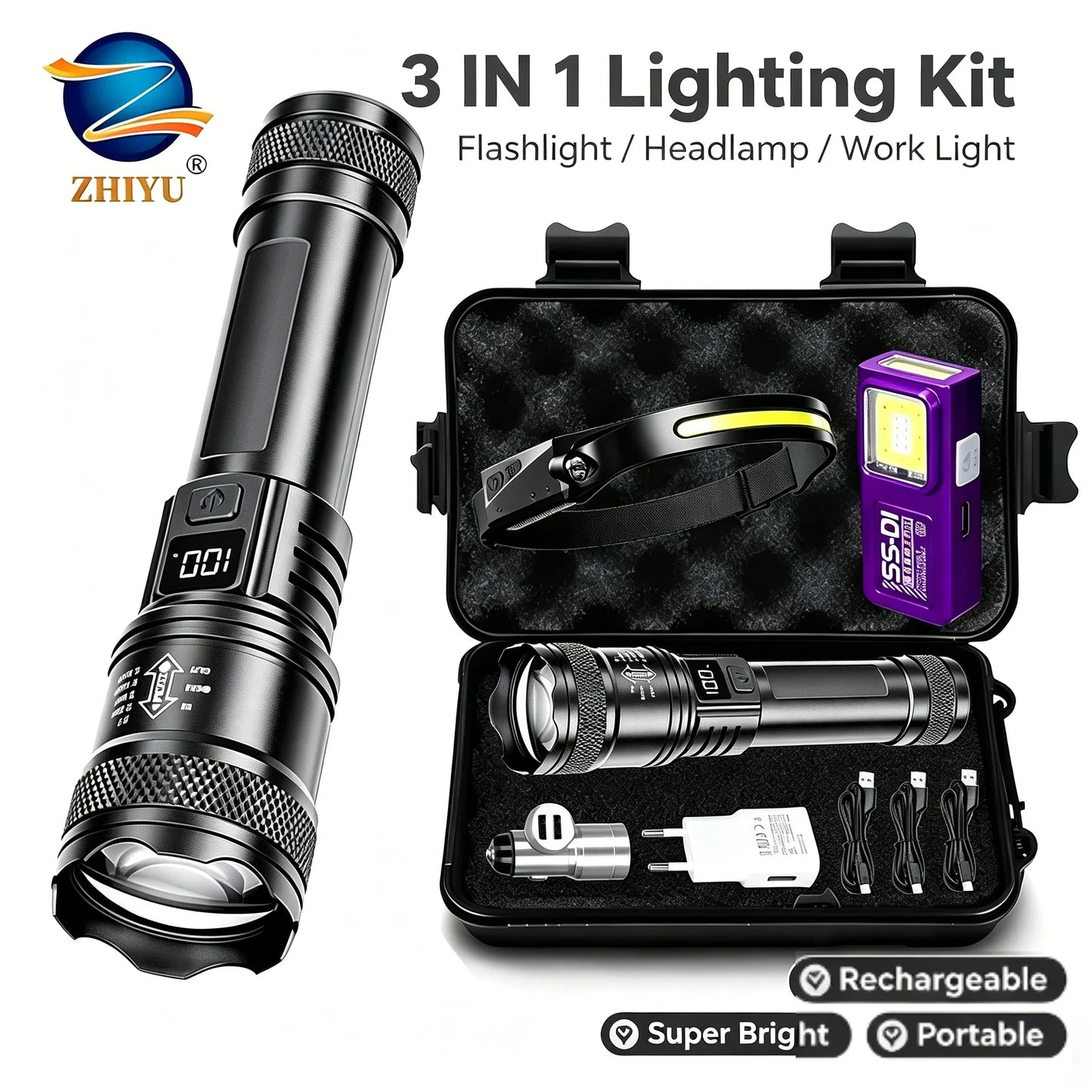 ZHIYU 2000LM LED Flashlight & Headlight Set | Rechargeable