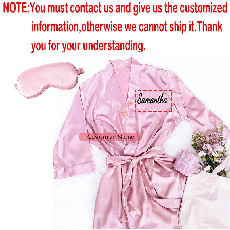 Personalized Name Bridesmaid Bathrobe & Eye Mask Set Elegant Soft Satin Robe Wedding Bachelorette Party Bridal Shower Decoration Peaceful Pleasures Health and Wellness custom pink XXL