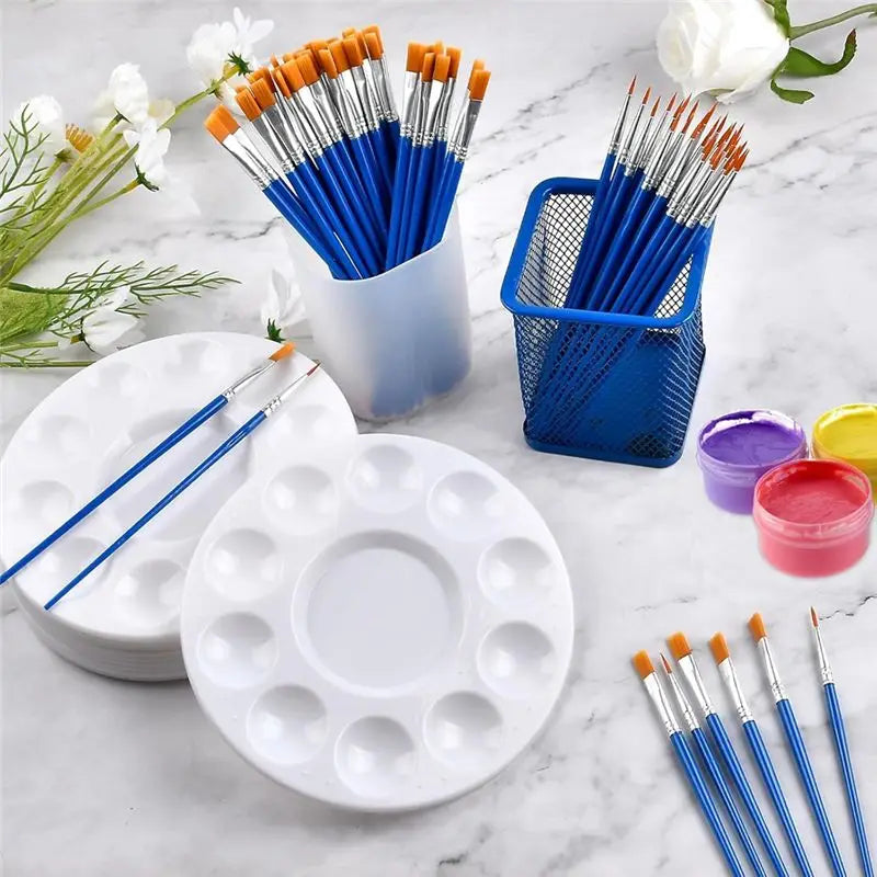 A36T-150Pcs Paint Brushes Palettes Set, Including 100Pcs Nylon Painting Brush And 50Pcs Round Plastic Paint Tray Palette Peaceful Pleasures Health and Wellness