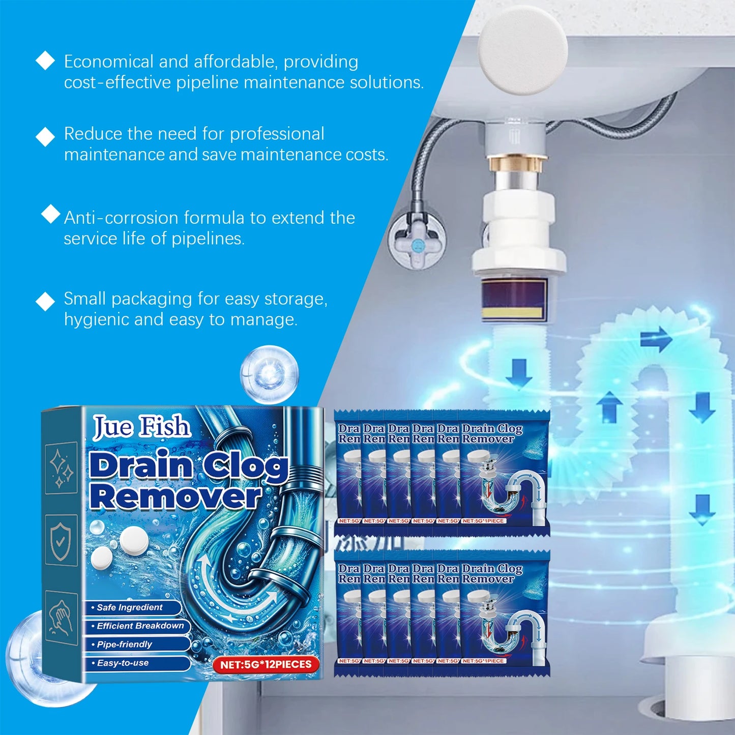 12-Pack Drain Clog Remover Effervescent Tablets | Pipe Cleaner