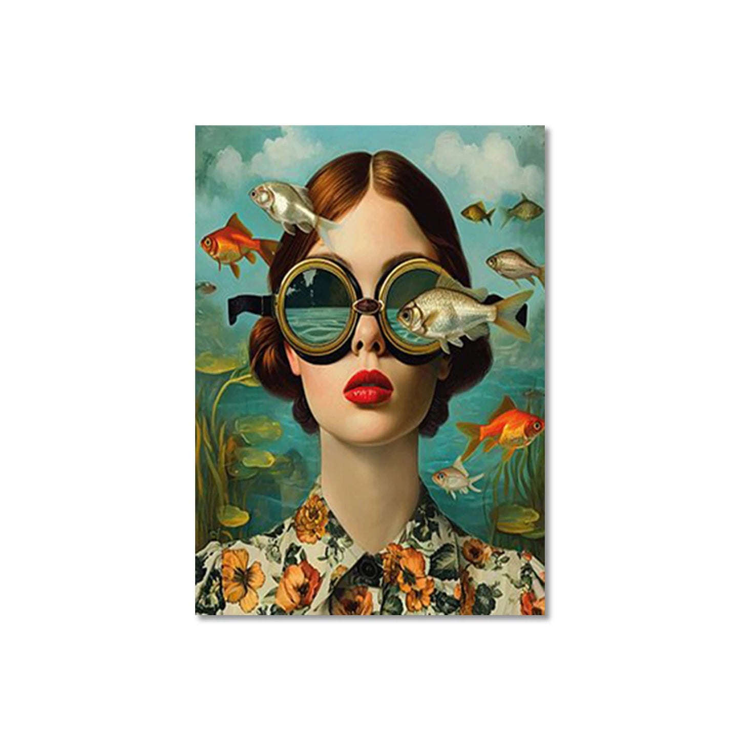 Cartoon Childlike Girl Wearing Glasses in Water Illustration Wall Art Canvas Painting Poster for Living Room Home Decor Trends Peaceful Pleasures Health and Wellness QP10897-2 70x100cm No Frame