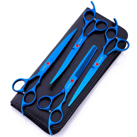 4pcs/Set 7.0 Inch High Quality Straight & Thinning & Curved Grooming Shear Professional Peaceful Pleasures Health and Wellness blue