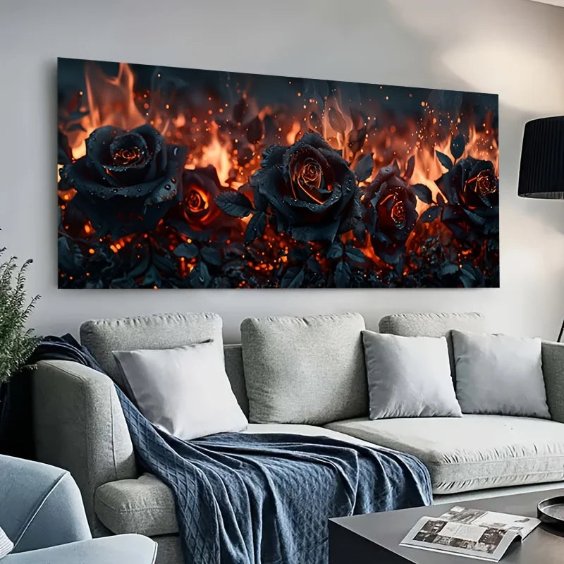 Large Frameless Black Burning Roses Canvas Art - Modern Wall Decor for Living Room & Bedroom, Flames & Roses Design, Home Decor Peaceful Pleasures Health and Wellness