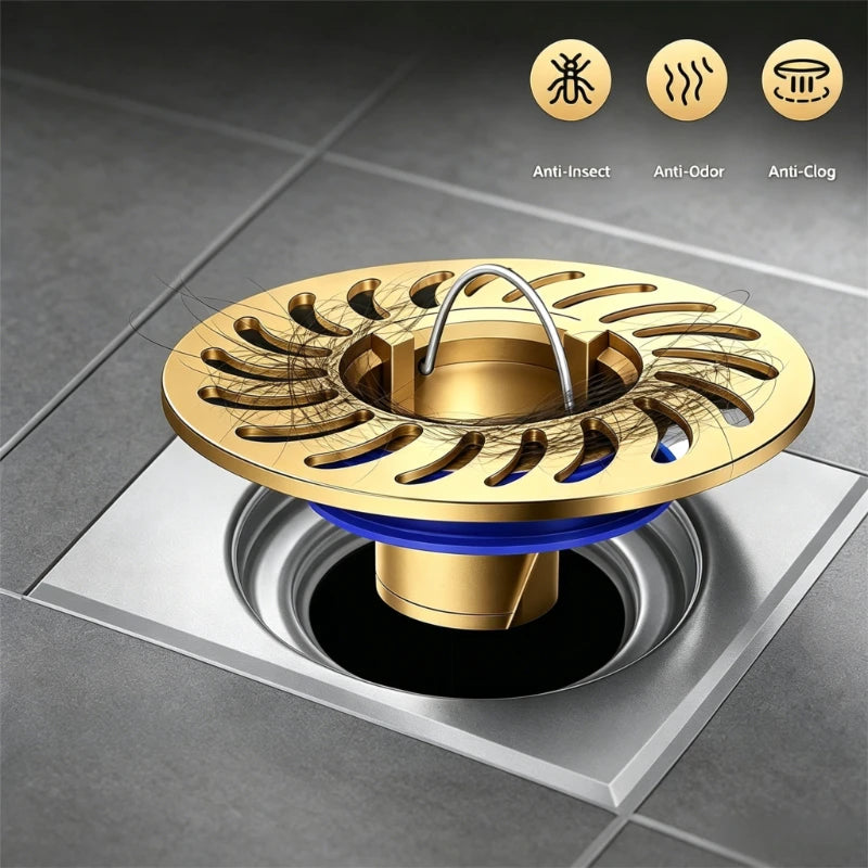 Floor Drain All-copper Shower Floor Drain Stopper Insectproof Anti-odor Deodorization Toilet Kitchen Bathroom Toilet Sewer Drain Peaceful Pleasures Health and Wellness