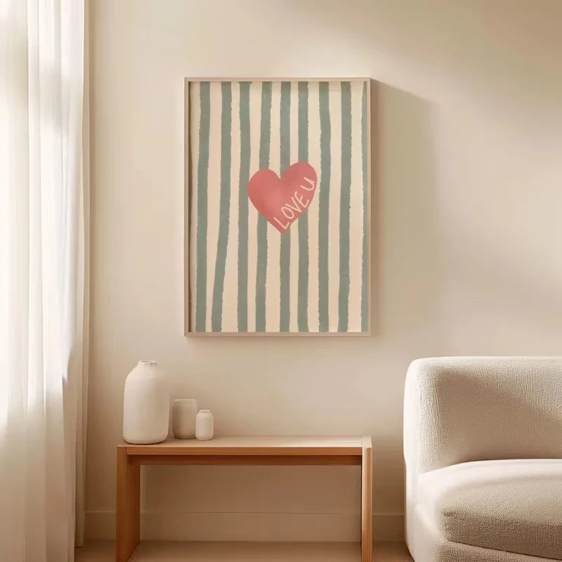 Pink Retro Striped Love Hearts Canvas Wall Art Print | Home Décor
