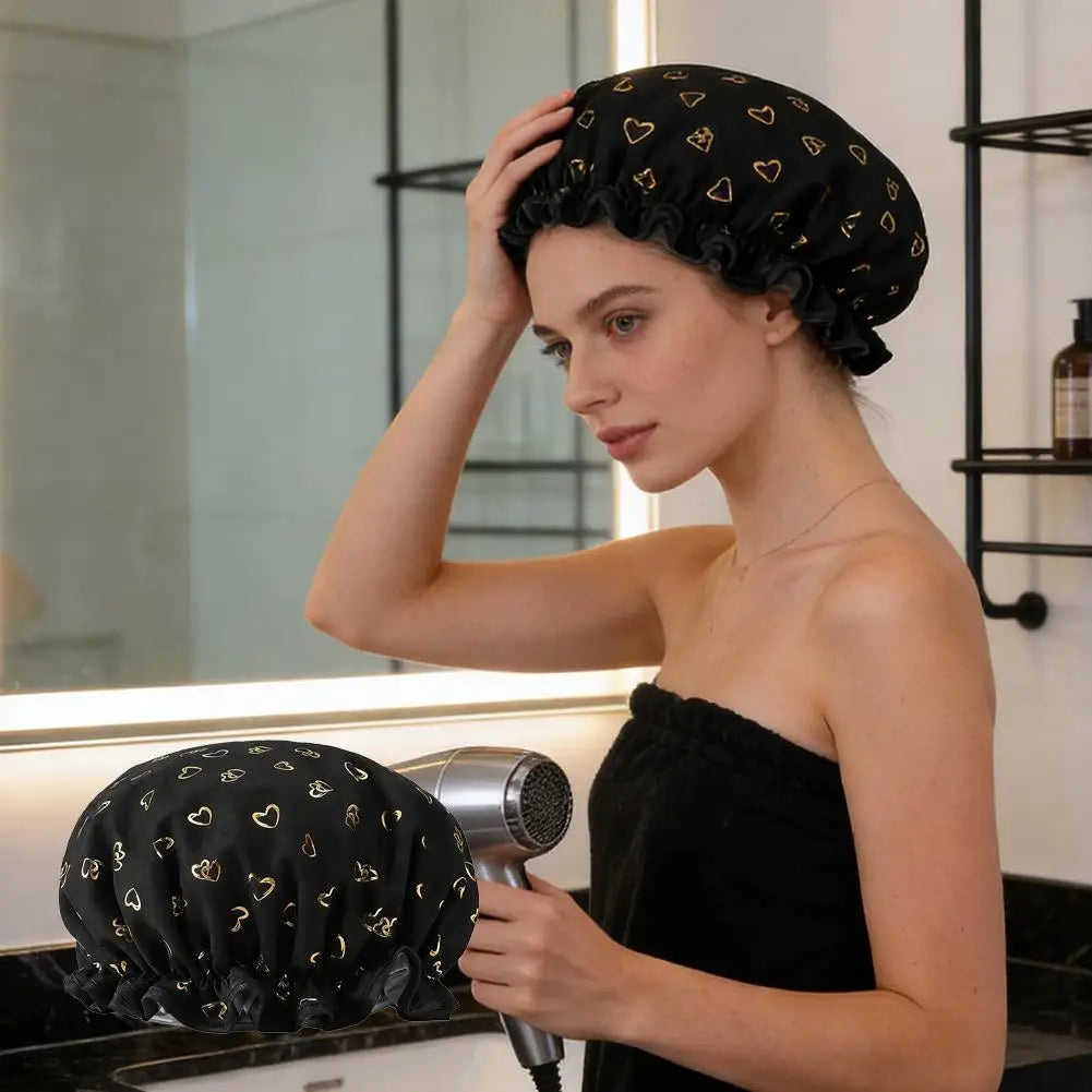 Waterproof Double Shower Cap Gold Printed Terylene Cotton Hair Cap for Women Bathing Essential Peaceful Pleasures Health and Wellness