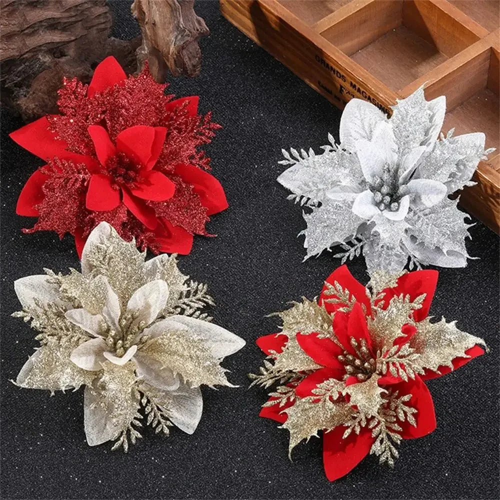 10-Pack Glitter Christmas Flower Ornaments 14cm | Pink Gold Red