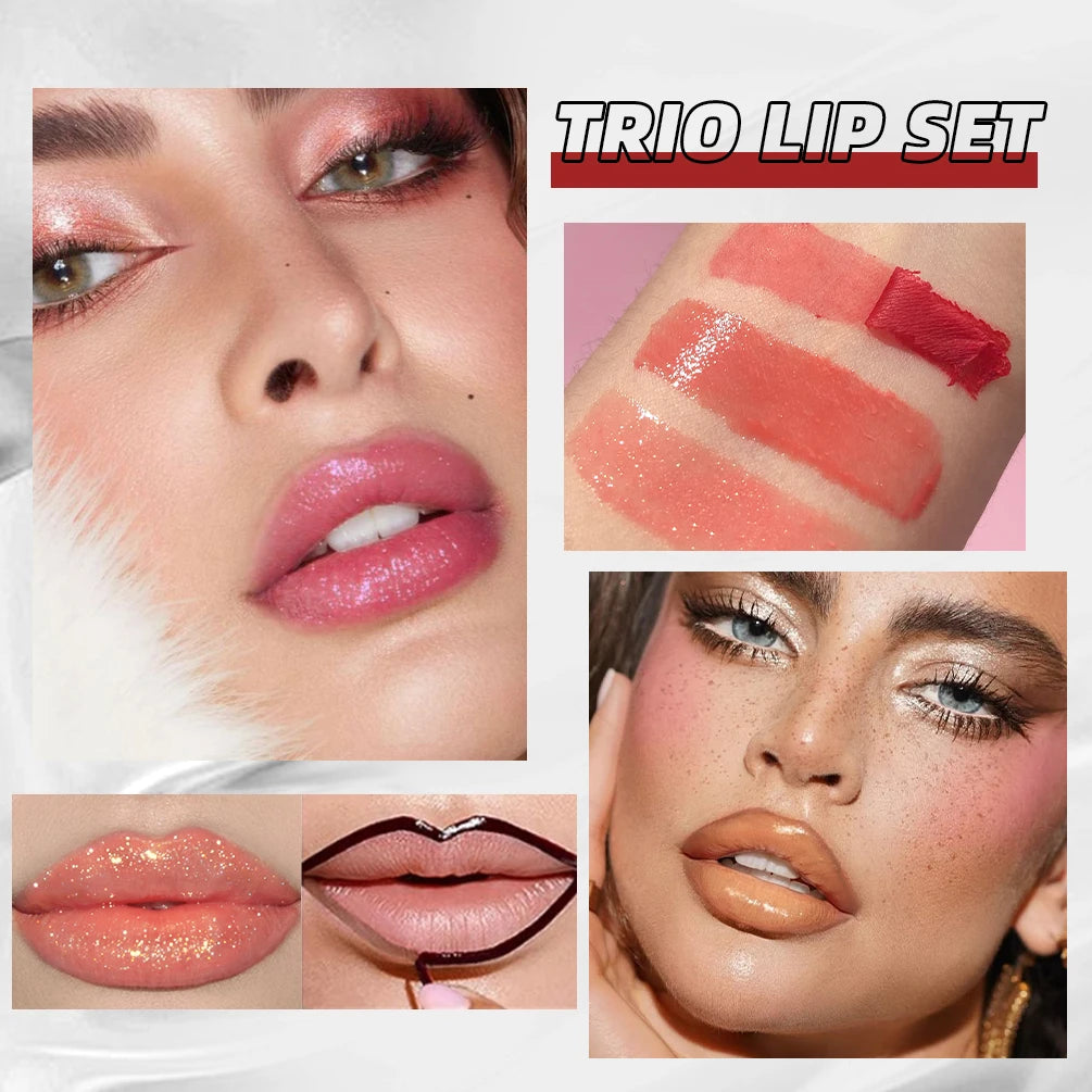 QIBEST 3pcs Multifunctional Makeup Sets Peel Off Lip Stain,Lip Glaze,Shimmer Lip Oil Long Lasting Lip Gloss Tint Cosmetics Kits Peaceful Pleasures Health and Wellness