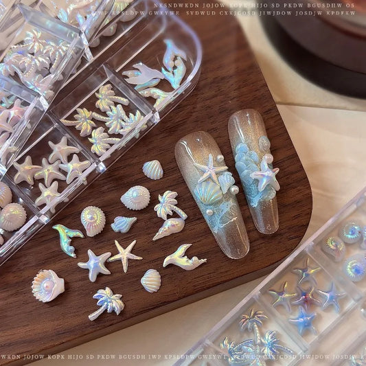 Ocean Aurora Shell Nail Charms | 3D Resin Starfish & Conch DIY Set Nail Art Charms Peaceful Pleasures Health and Wellness